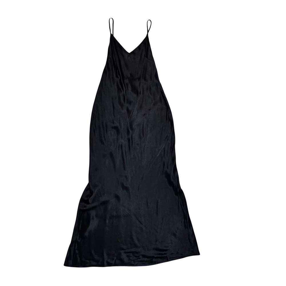 Rumored Maxi Slip Dress Lg Black Satin Open Back Lace Up V-Neck Revolve $168